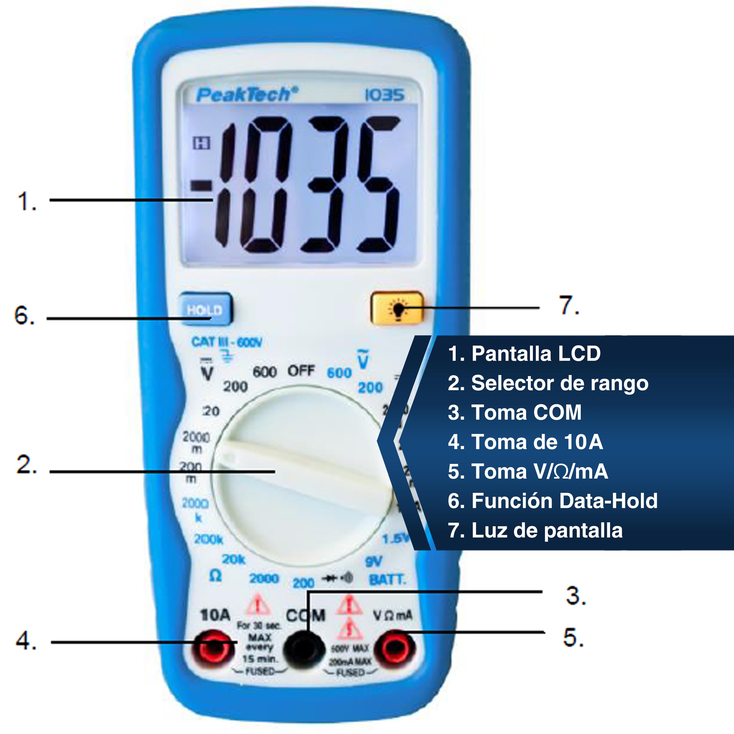 PeakTech 1035 – Multímetro digital CAT III con pantalla, probador de batería, multímetro de mano, dispositivo de medición, voltímetro, medición de corriente, probador de continuidad - máx.600 V