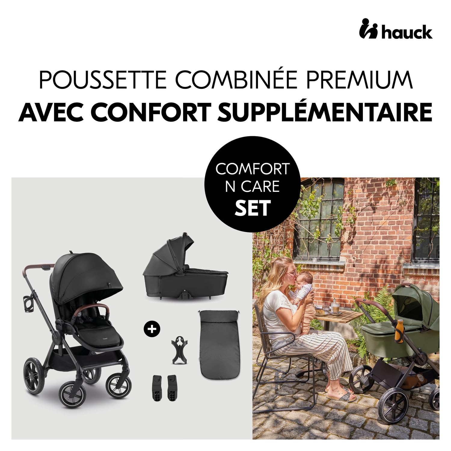 hauck Poussette 2 en 1 avec Pneus en caoutchouc, Comfort N Care Set Black | De la naissance à 22 kg (4 ans), nacelle à boutons mémoire, siège réversible avec couvre-jambes, UPF 50+, adaptateurs cosy
