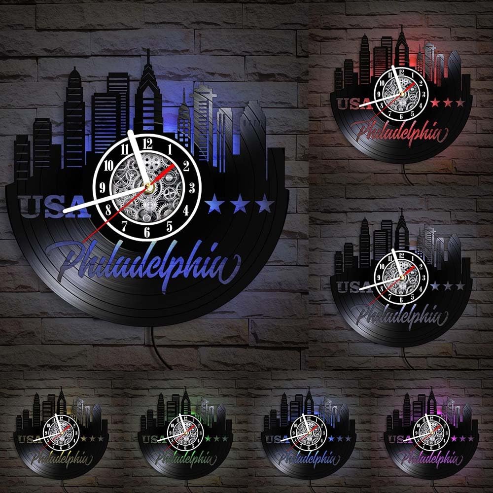 The Geeky Days Philadelphian Skyline LED Illuminated Vinyl Record Wall Clock Philly Cityscape Luminous Artwork Pennsylvania Glowing Night Light Wall Clock USA Travel Home Decor Illuminated Timepieces