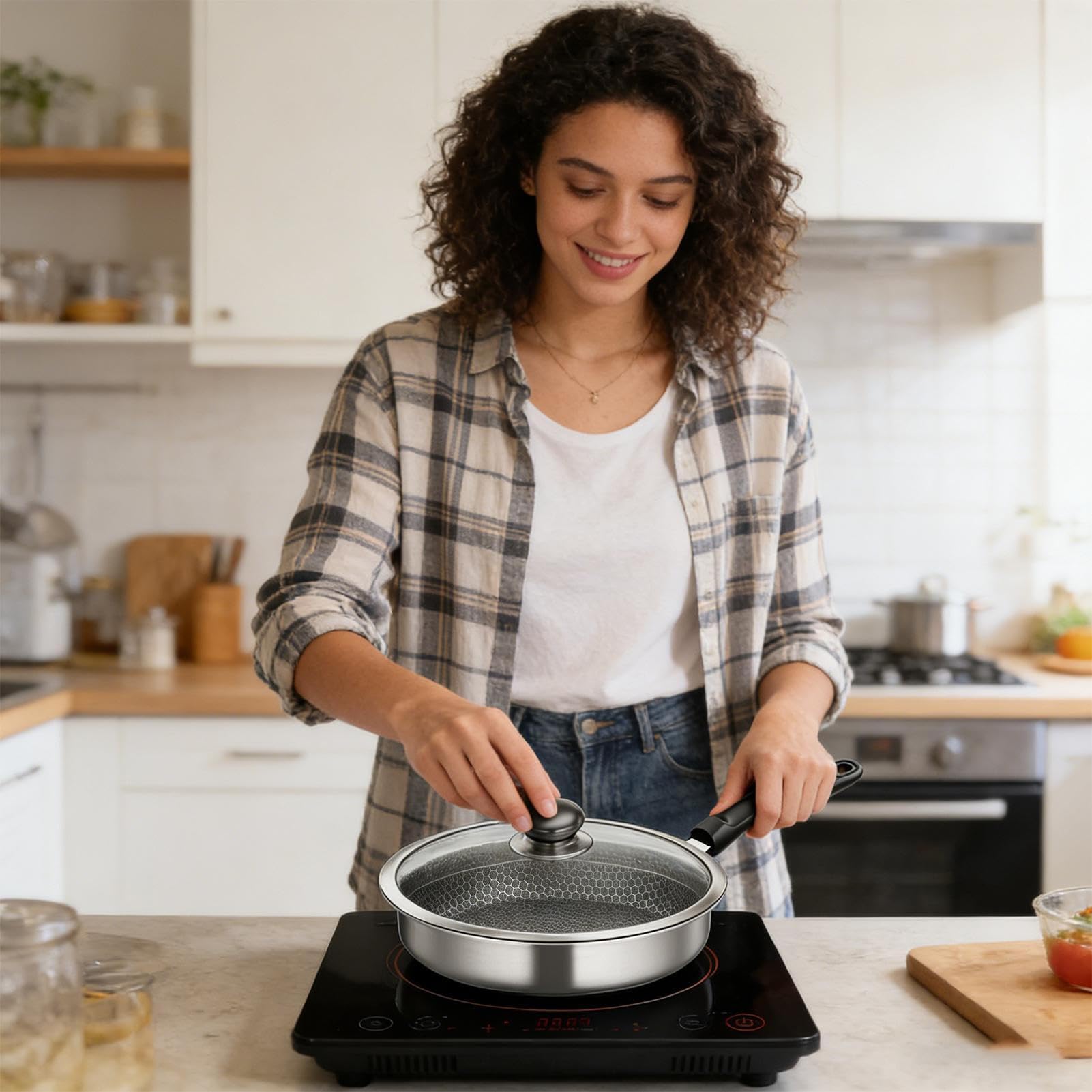 Sartenes Antiadherentes Utensilios de Cocina con Tapa Transparente | Sartén Individual para Restaurante Camping Estufa Eléctrica y Hogar en la Preparación de Alimentos