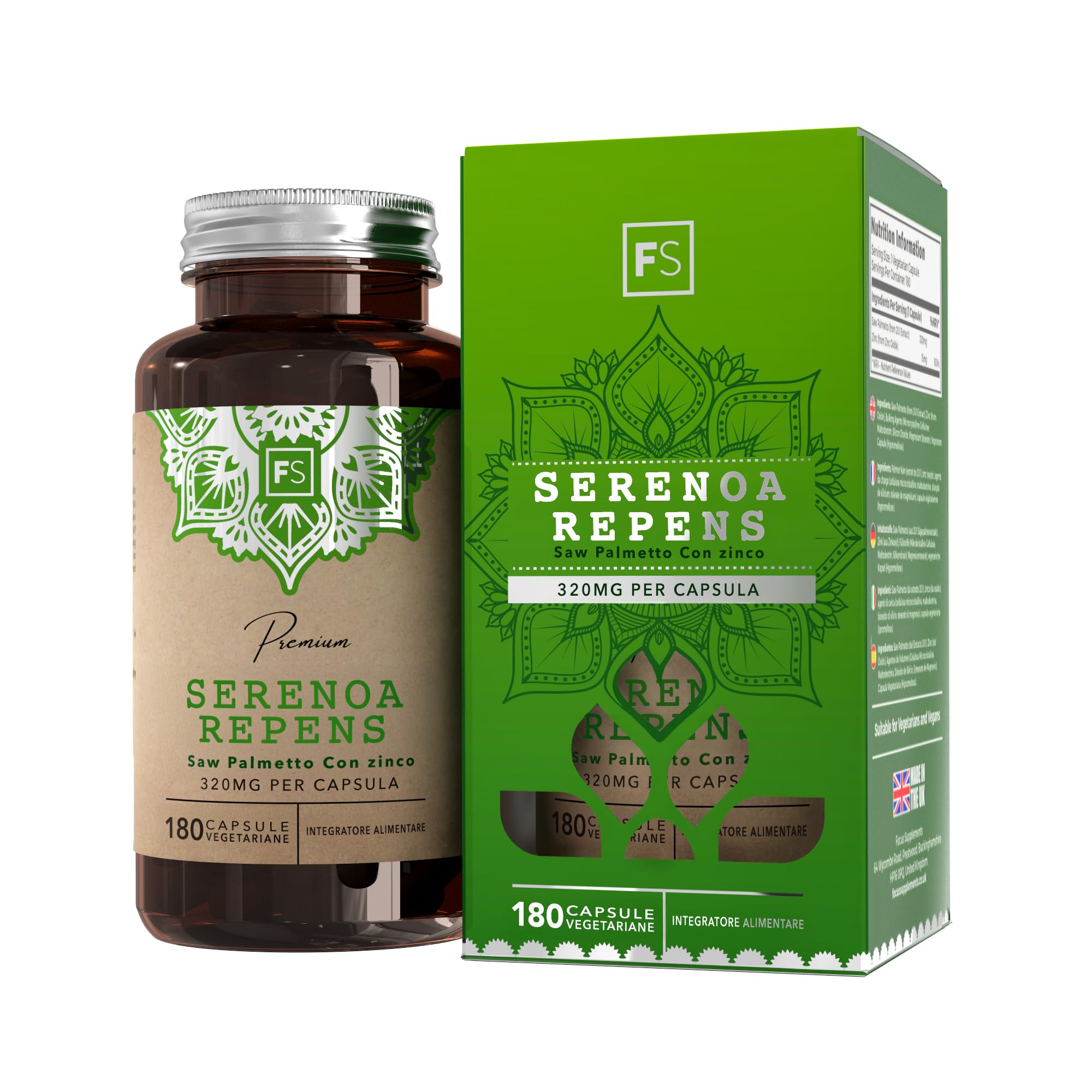 FS Saw Palmetto Prostata Integratore | 180 Serenoa Repens Capsule | Saw Palmetto Capelli 320mg con Zinco 15mg Prostate Support | Non-OGM, Senza Glutine e Allergeni | Prodotto nel RU