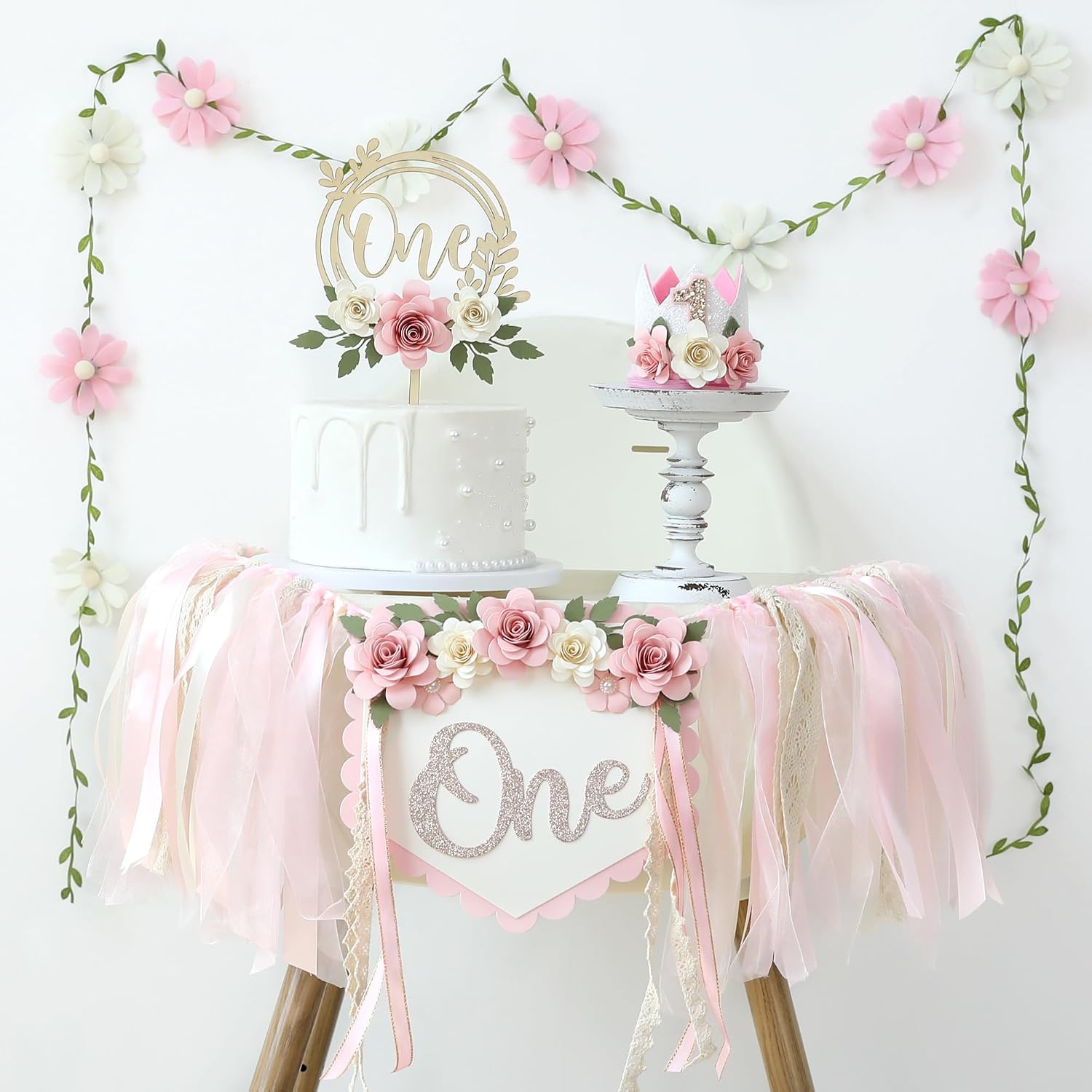 Wildflower 1st High Chair Banner Birthday Decorations For Girl Pink Flower Cake Topper Hat Floral Theme Party Decoration