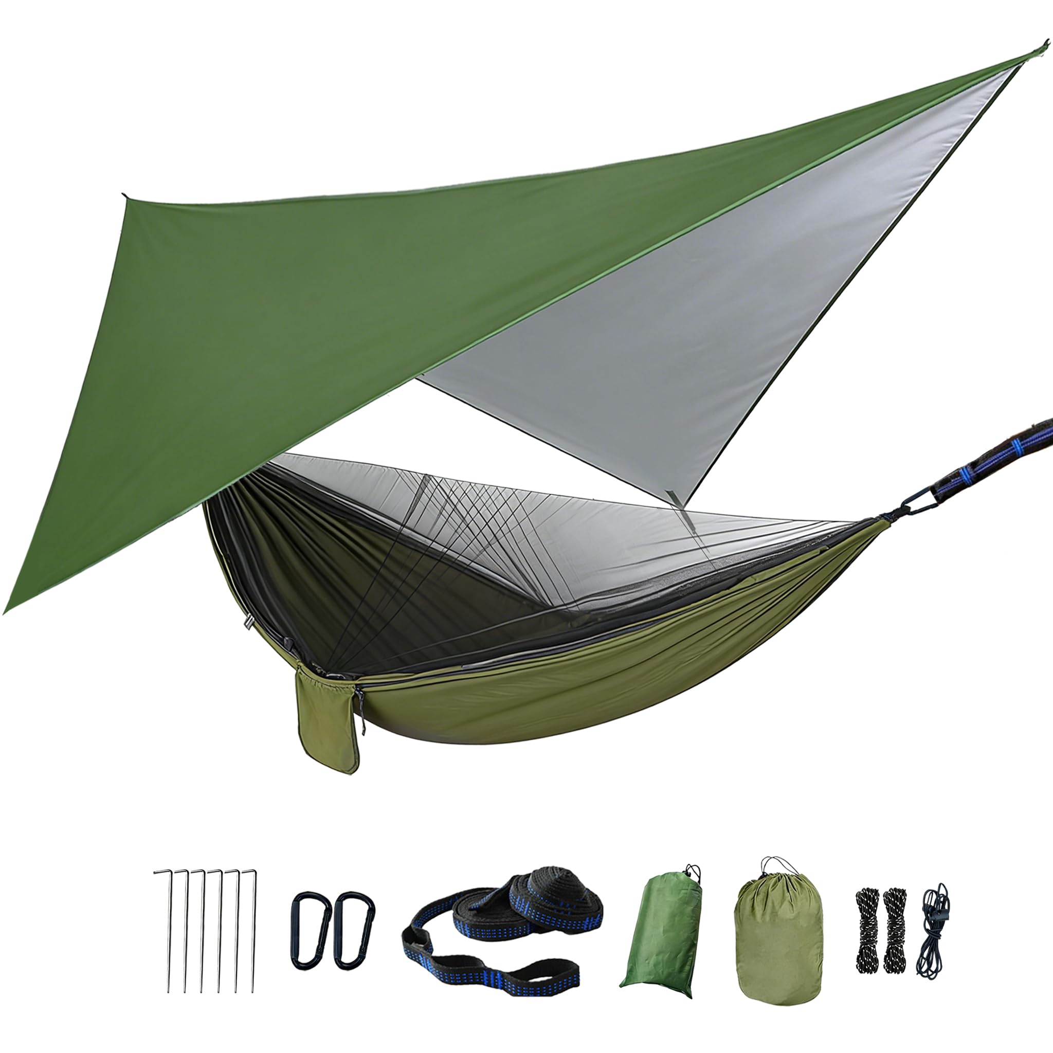 Camping Hammock with Rain Fly Tarp and Mosquito Net Tent Tree Straps, Portable Single Double Nylon Parachute Hammock Rainfly Set for Garden Beach Travel Backpacking Hiking Yard Outdoor Activities