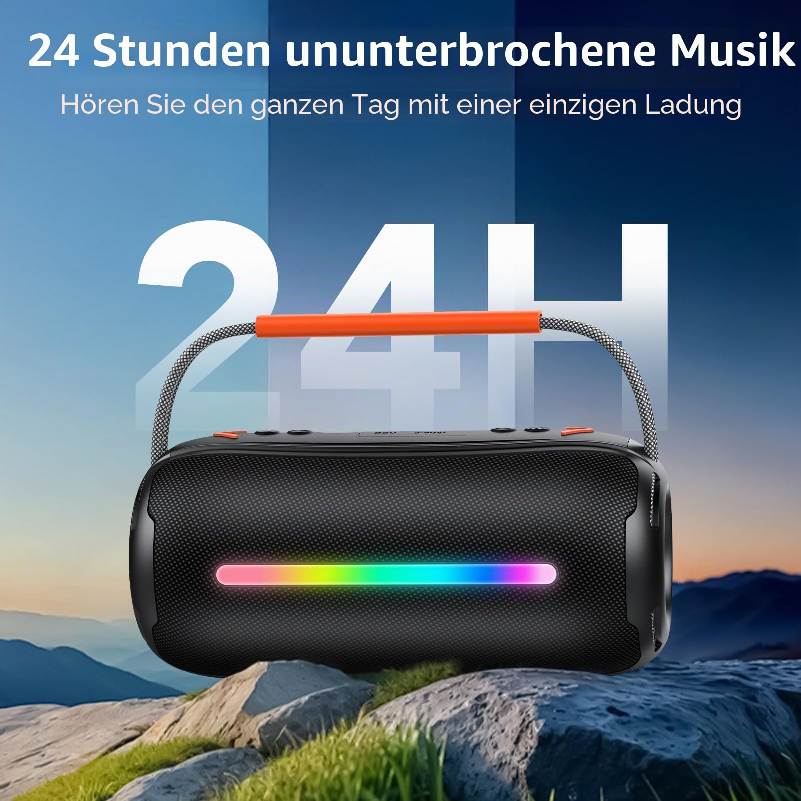IKT Bluetooth Lautsprecher mit Tragegriff, 40W Musikbox Bluetooth Box mit Dualen Bass-Treibern, IPX7 Wasserdicht, RGB Lichter, TWS Kopplung, AUX, TF Karte, Geeignet Party/Outdoor/Reisen, Schwarz