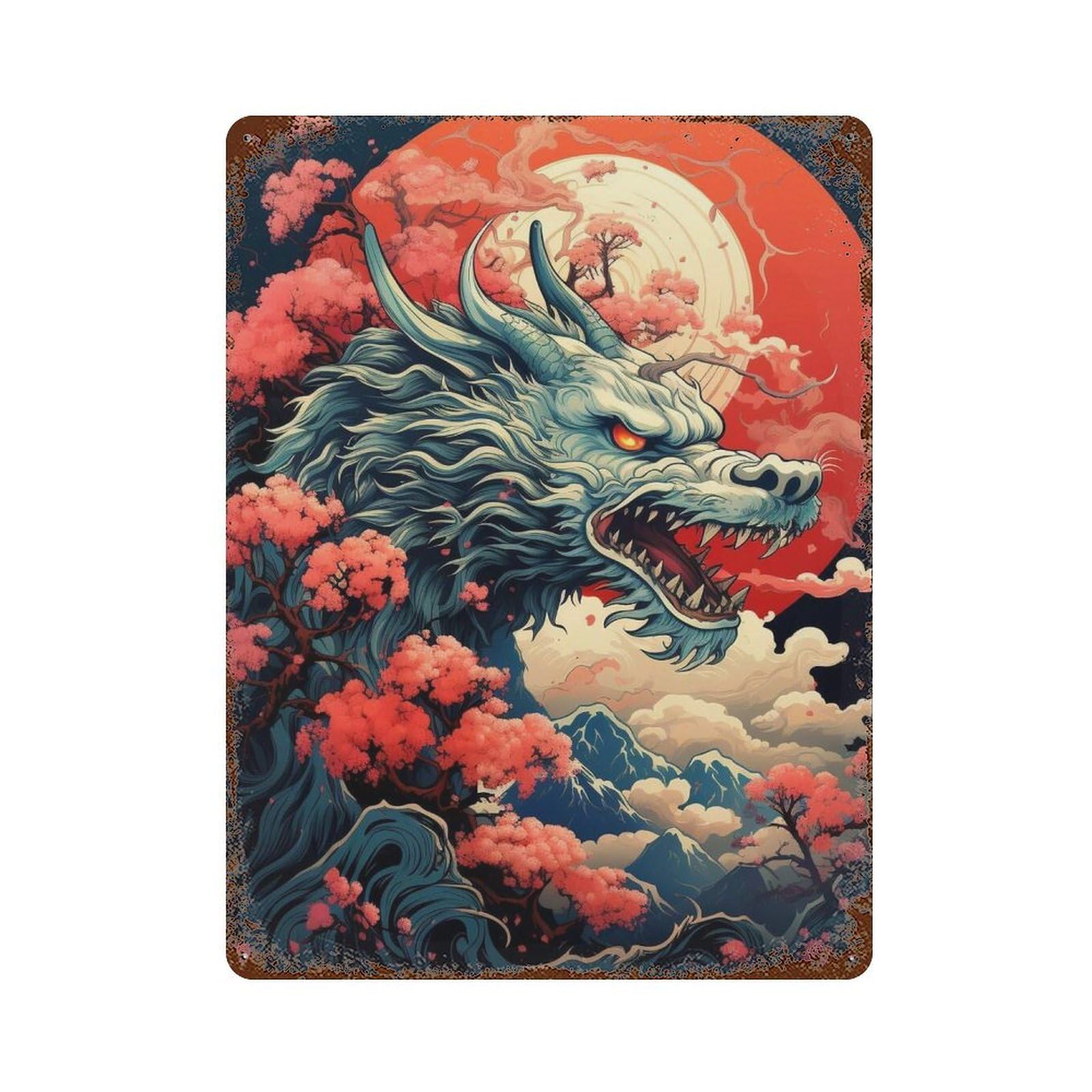 Japanese Mythical Dragon Art Print 15.7"x11.8" Aged Metal Wall Plaque, Classic Wall Plaque for Pub, Kitchen And Man Cave Decor
