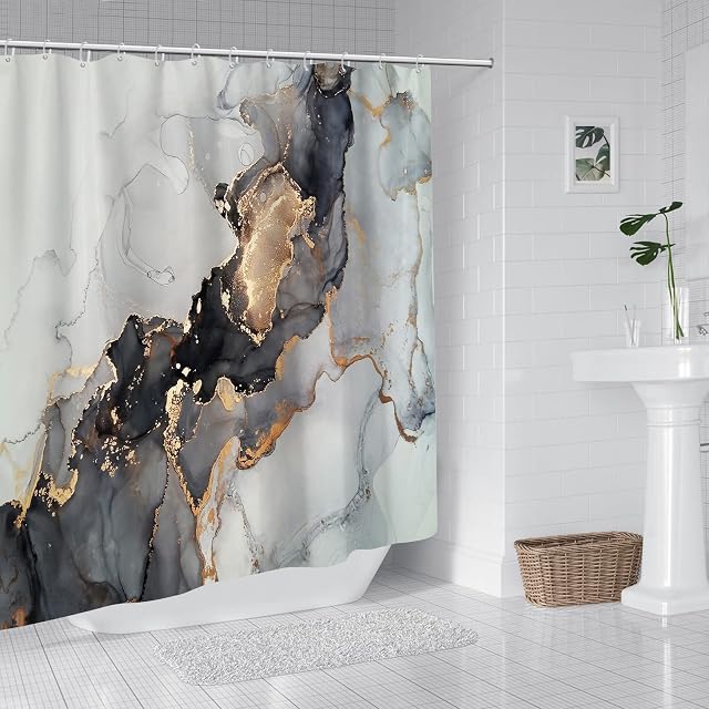 Modloan Shower Curtain, 180 x 180 cm Shower Curtains Mould Proof Resistant Waterproof Washable Polyester Fabric, Bathroom Curtains Shower Curtain with 12pcs Hooks (Black Gold Texture)