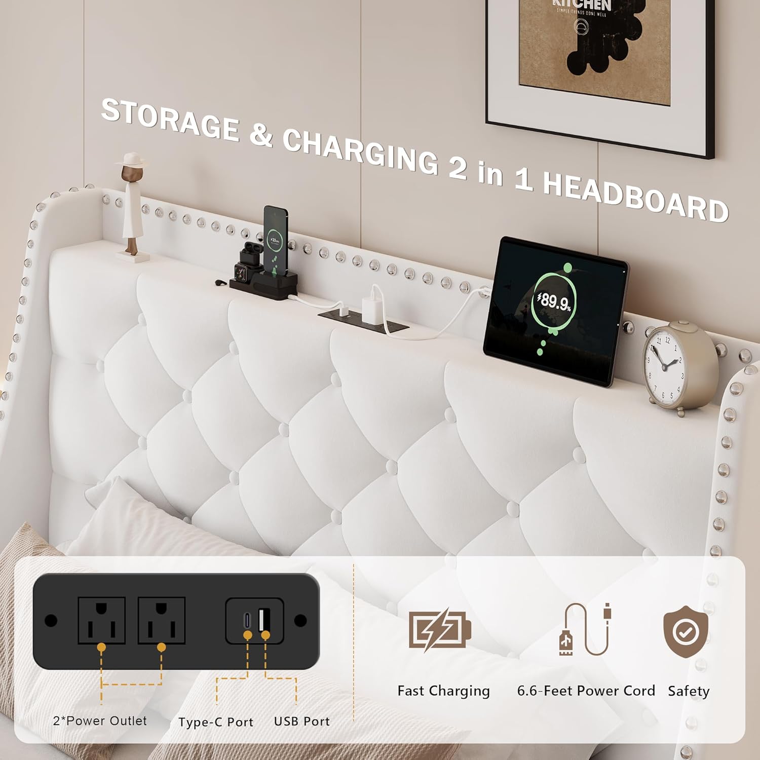 Close-up of the headboard's storage shelf and integrated charging station.