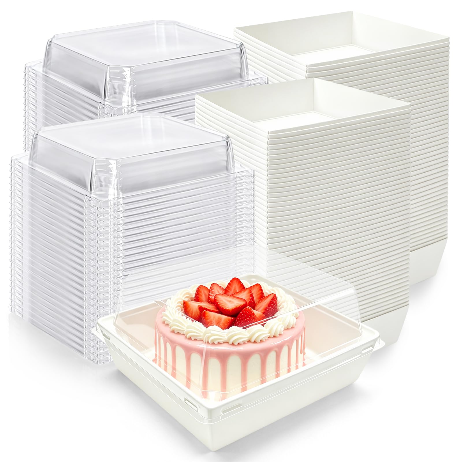 Nexboraque Confezione da 100 piccole scatole per salumi con coperchio trasparente, 12,7 cm, in carta bianca, usa e getta, quadrate, per panini, dessert, panini, biscotti, sushi, fette di torta e