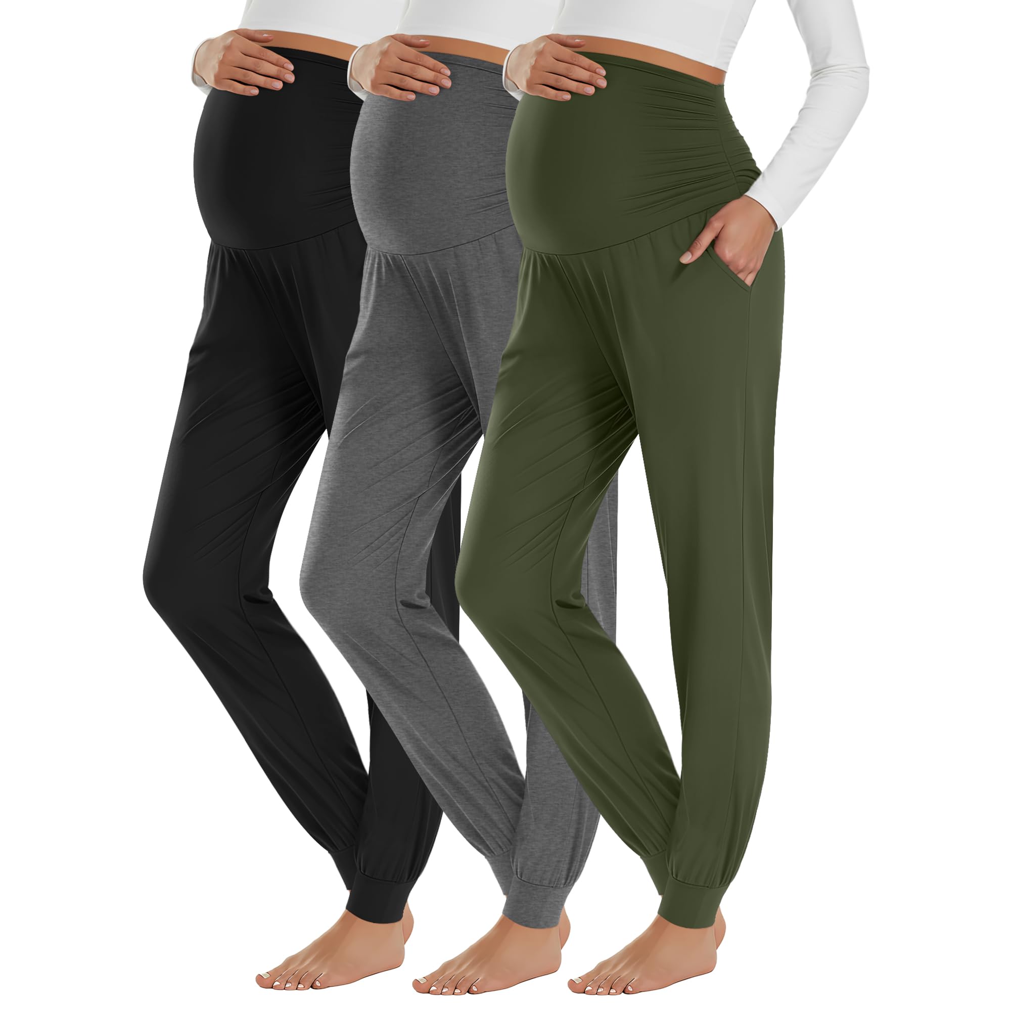 Neer Confezione da 3 pantaloni da jogging premaman sopra la pancia, elasticizzati, per la gravidanza, con tasche, invernali