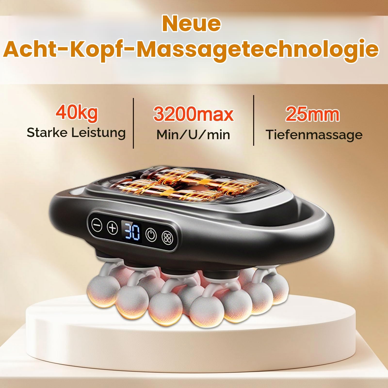 Massagepistole für rücken mit 16 Köpfen, 30 Stufen 3 Modi | 30 Intensitätsstufen großflächiges Tiefengewebe-Massagegerät leise (35dB) für Verspannungslösung Beine Arme Rücken