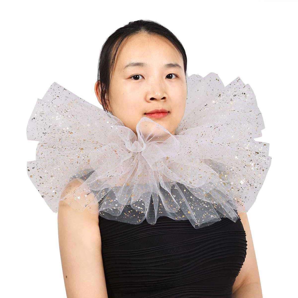 BLESSUME Victorian Ruffle Collar Renaissance Mesh Clown Collar Layered Neck Ruff for Fancy Dress (White/Gold) — image 1