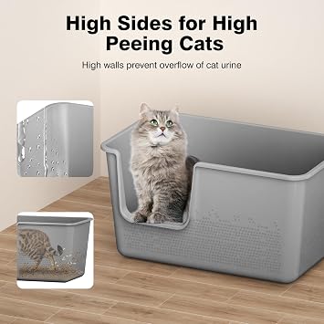 Cat Litter Box with High Sided,24.8 Lx11.4 Wx13.0 H,Extra Large Cat Litter Box for Big Cats,XL Jumbo Kitty Litter Box for Indoor Cats,Tool-Free Assembly (Grey)