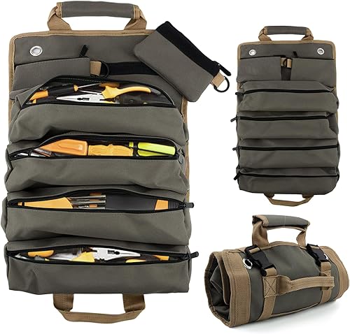 Miniatura 3 de Bolsa enrollable portátil para herramientas, diseño de cremallera, organizador de llaves, 4 compartimentos para herramientas + 2 pequeñas bolsas de