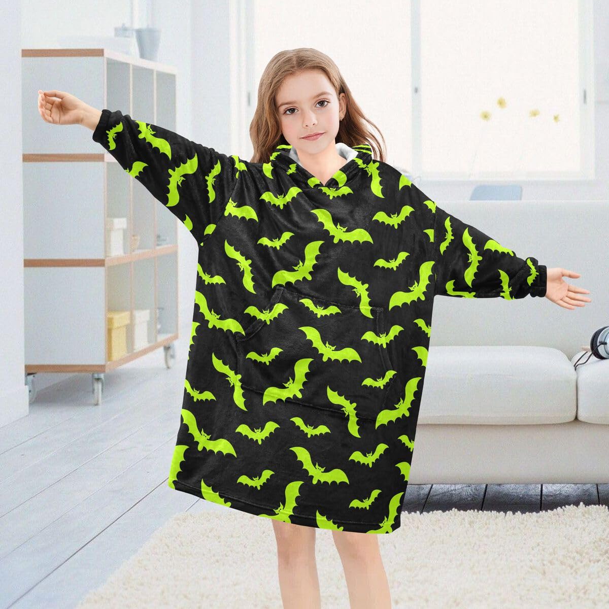 Green Bats dziecięcy koc do noszenia z kapturem oversize bluza koc sweter Halloween dla chłopców i dziewcząt w wieku 3-14 lat