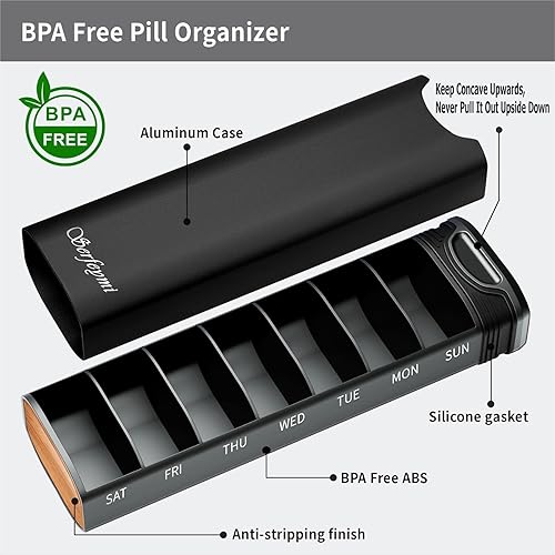 Miniatura 5 de Serfeymi - Pastillero semanal de metal (junta de repuesto), pastillero diario de aluminio para 7 días, organizador de medicamentos de viaje,