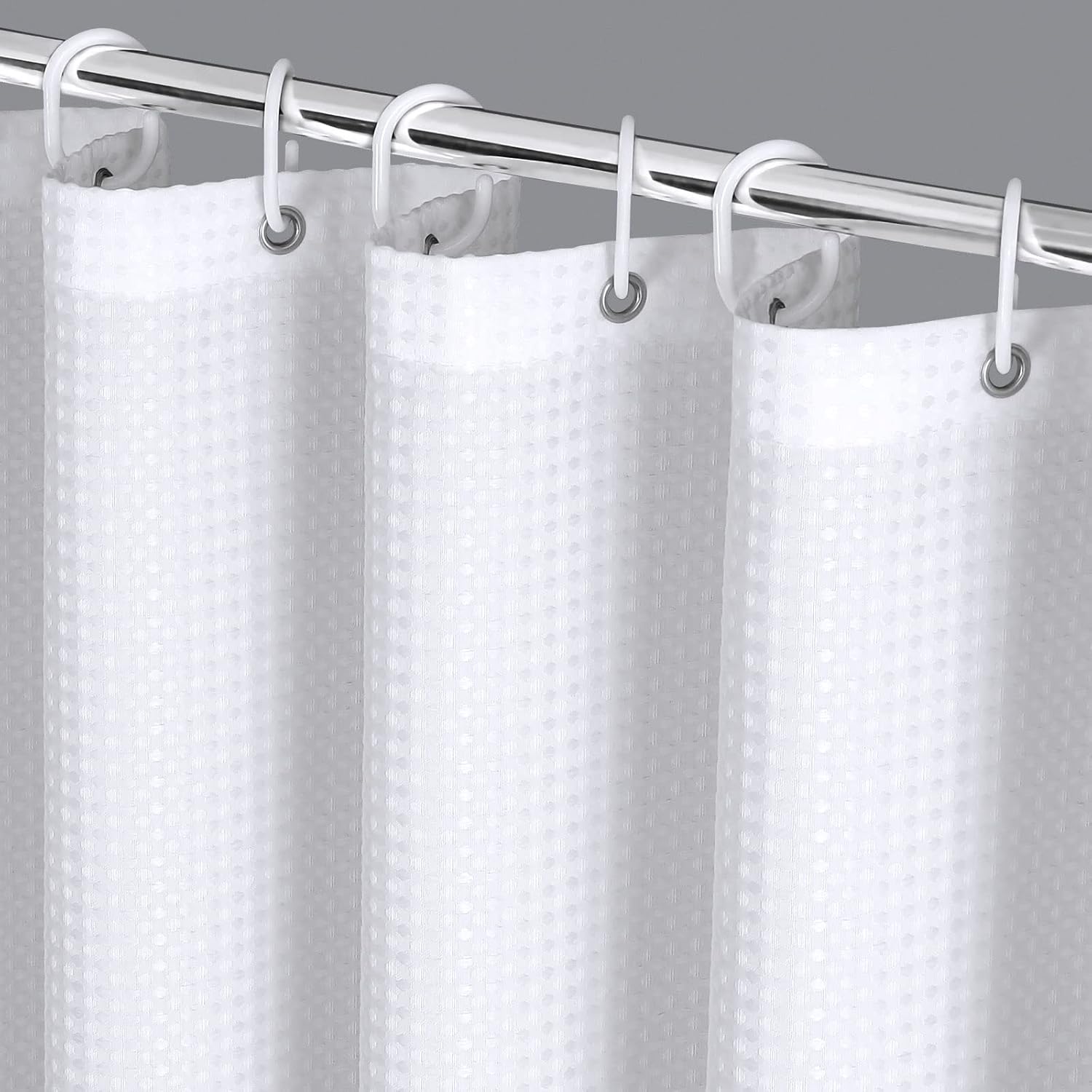 MitoVilla White Waffle Shower Curtain Sets with Hooks, Modern Metal Shower Curtain Rings for Bathroom Decor Accessories, Abstract Bath Curtian 72" W x 84" L, Set of 12 Rings