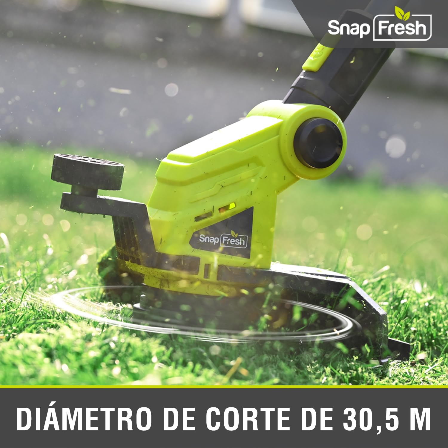 SnapFresh Cortacésped a batería 20V Desbrozadora (con batería y Cargador, Cambio rápido de Hilo, 30,5 cm de Ancho de Corte, Mango telescópico Ajustable, Protector de Flores)