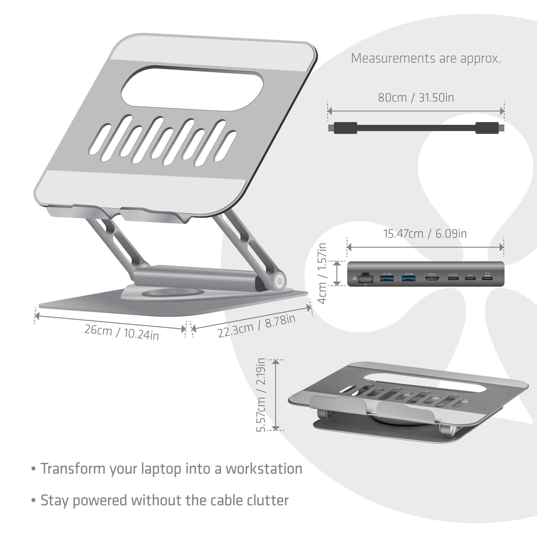 Club3D CSV-2554 - Supporto per laptop in alluminio regolabile con hub USB-C
