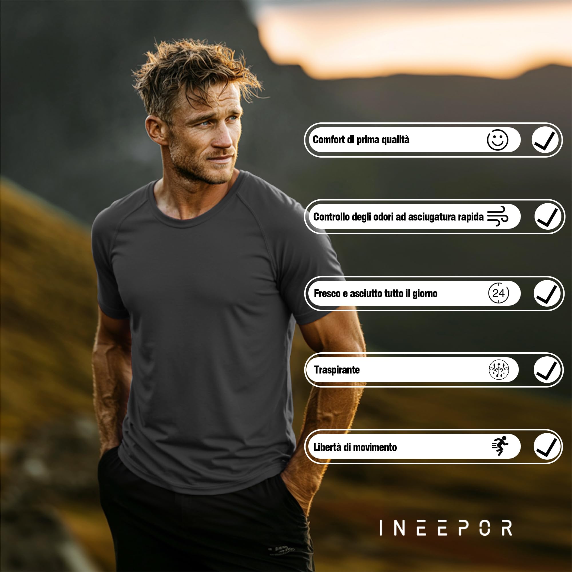 ineepor Lana Merino T-Shirt Uomo Girocollo Tecnica Maglietta Manica Corta Palestra Lavoro Running Tennis Traspirante Anti-UV Quick-Drying