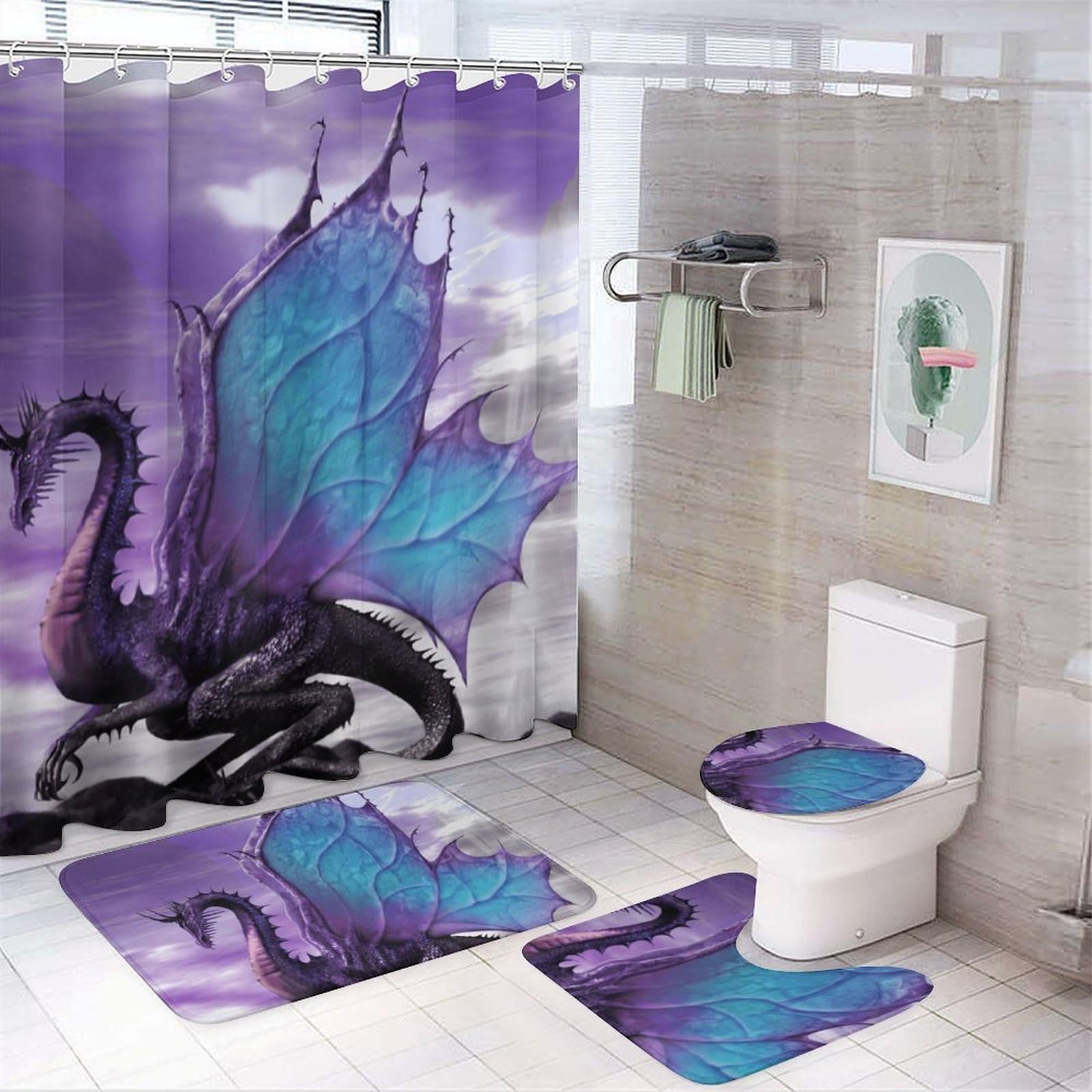 CGSBNGHA Fantasy Dragon Purple Shower Curtain Set 4 Piece Bathroom Sets with Rugs Toilet Lid Cover And U-Shaped Floor Mat