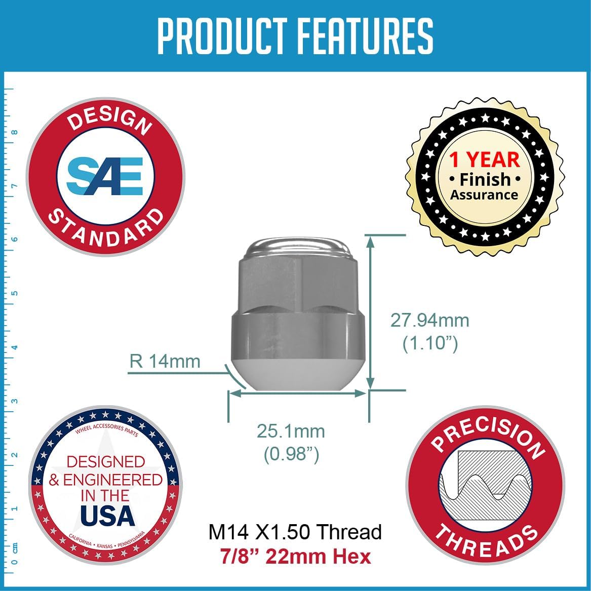 Wheel Accessories Parts 100 Pcs M14x1.5 14x1.5 Thread OEM Style Lug Nuts 1.10" Long Chrome 7/8" 22mm Hex Fits Alloy Wheel 2018+ Odyssey Pilot 90304-TK4-A01 ｜ 611-327