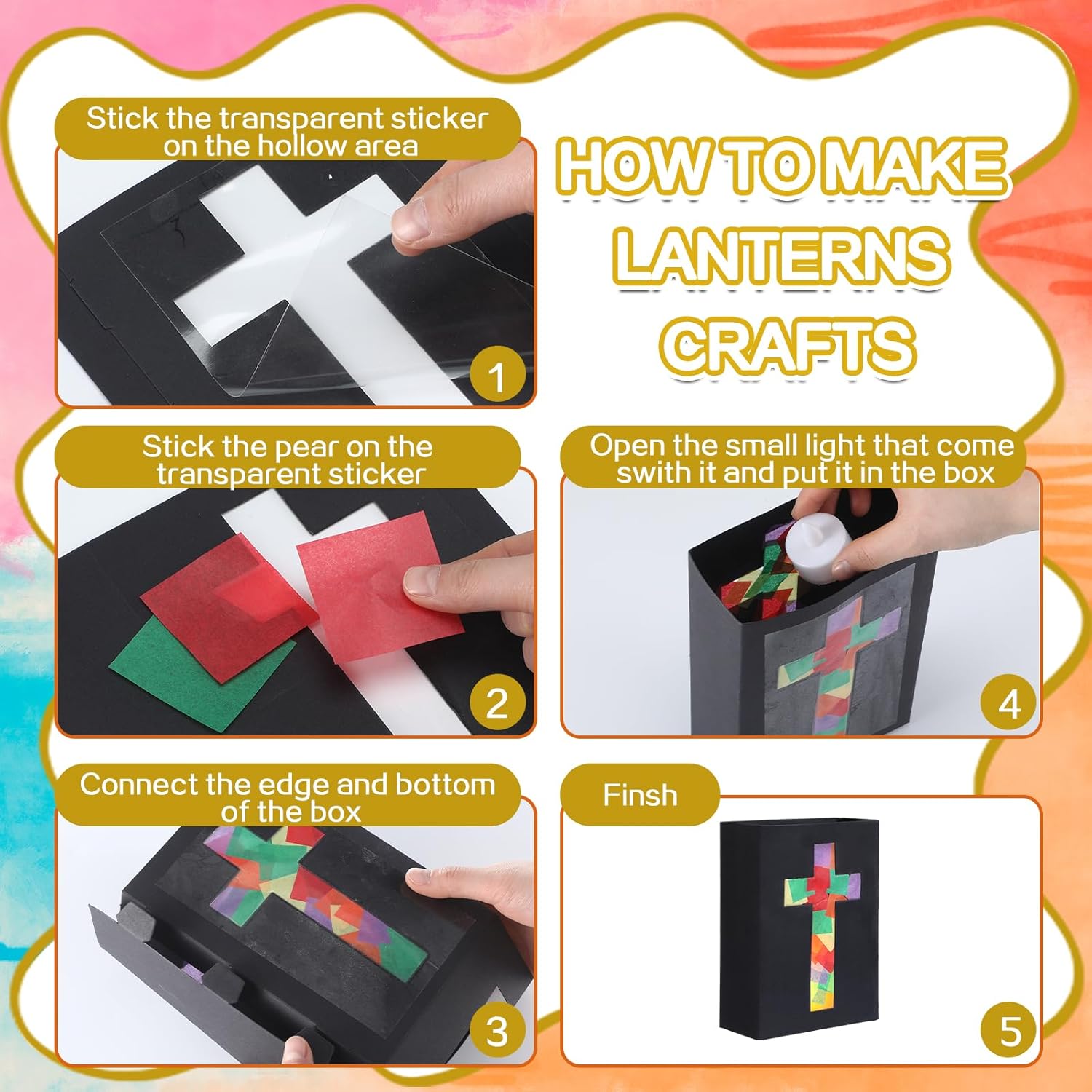 16 Set 2026 Vbs Cross Lantern Craft Kit DIY Illumination Theme Faux Stained Glass Paper Lanterns with LED Candle Lights Religious Easter Make Your Own Craft Bulk for Church Vacation Holiday