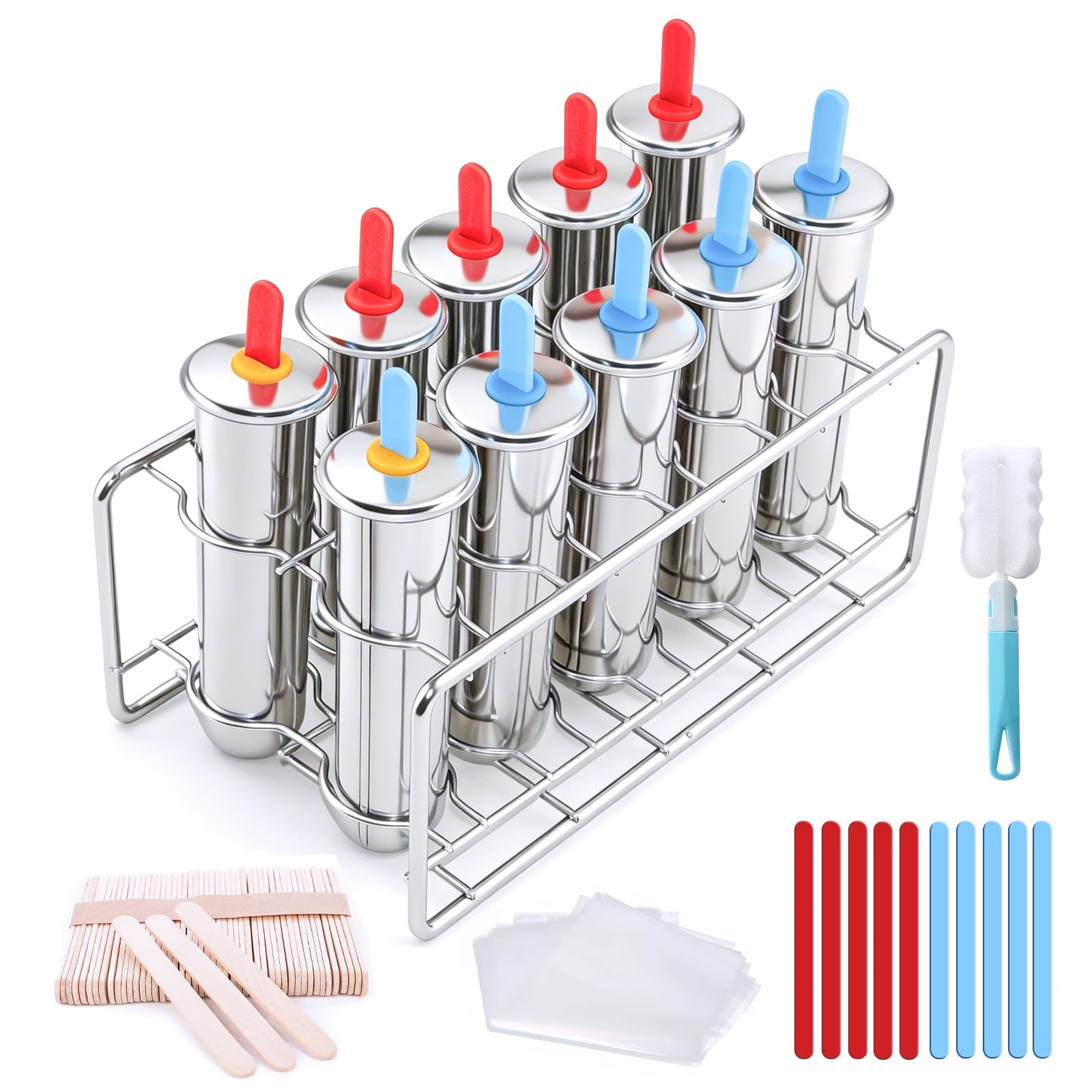 Photo 1 of 10 Set Stainless Steel Popsicle Molds, Reusable with Stand, Eco-Friendly Ice Pop Maker with Two-Tone Acrylic Sticks, Wooden Sticks & Bags for Kids and Adults (Round Cup)