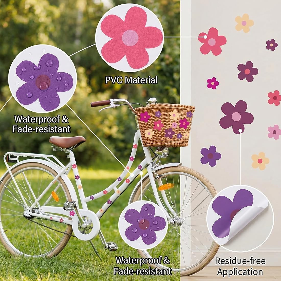 Adesivi Impermeabili Fiori, 3 Pezzi Adesivi Fiori per Bici, Laptop, Auto, Moto, Telefono, Notebook (Viola Estivo)