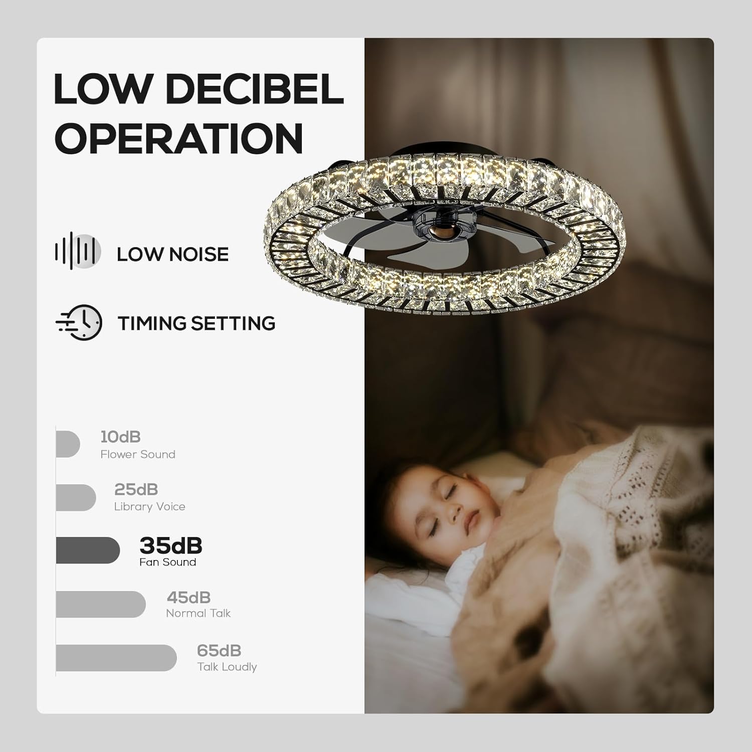 Crystal Ceiling Fan with Light and Remote, 22" Luxury Dimmable Chandelier Ceiling Fan, Modern LED Fan, Low Profile Flush Mount Fandelier for Bedroom Living Room-Black
