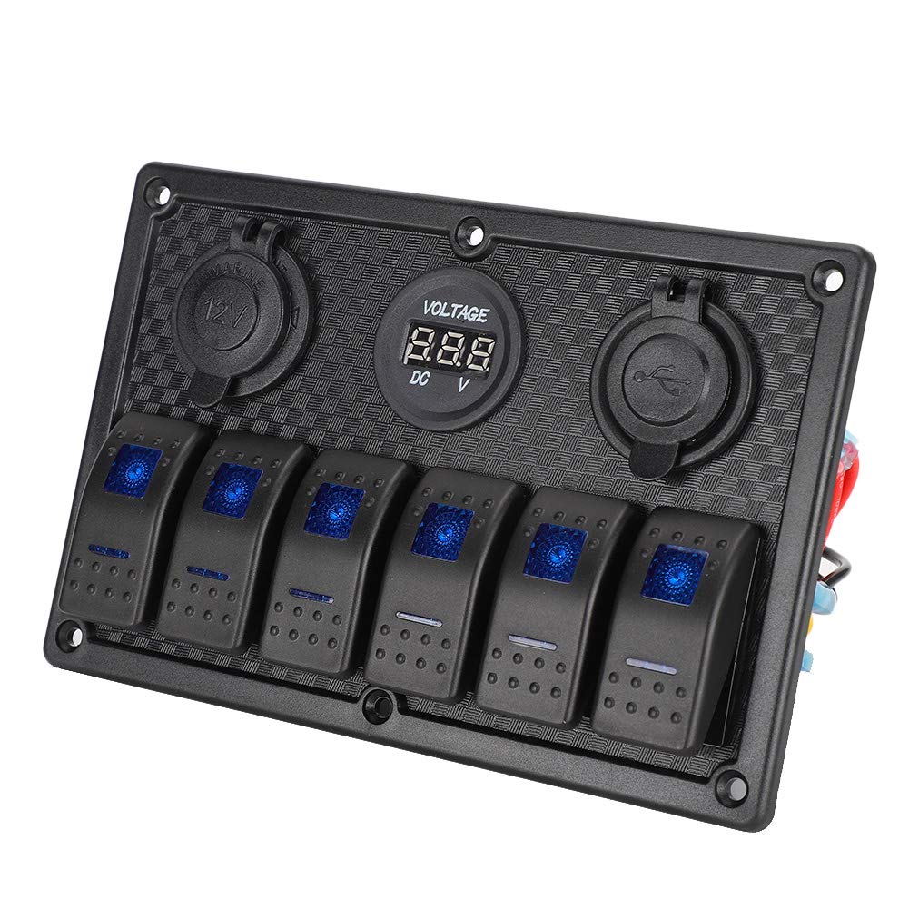 Naroote 6 Gang Rocker Switch Panel, Wodoszczelny Panel Przełączników, | Trwały, z okablowaniem ułatwiającym instalację, kompatybilny z napięciem 12 V–24 V, zawiera dwa porty USB