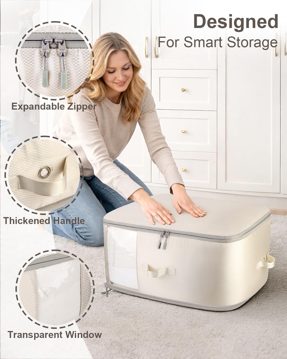 Comforter Storage Bag - 3-Layer Self Compression Organizer, 4-Pack Closet Organizers and Storage, Under Bed Space Saver, Blanket Organizer for Bedding, Pillow, Sheet, Clothes, Nursery Use