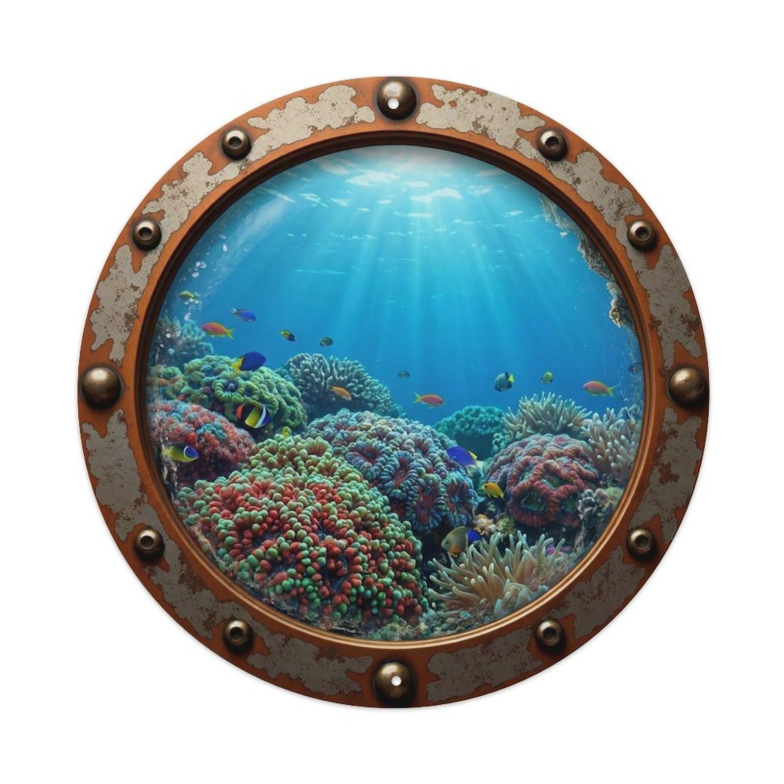 Gead 8X8inch Style Vintage Porthole Micromussa Coral Nautical Window View Metal Tin Sign