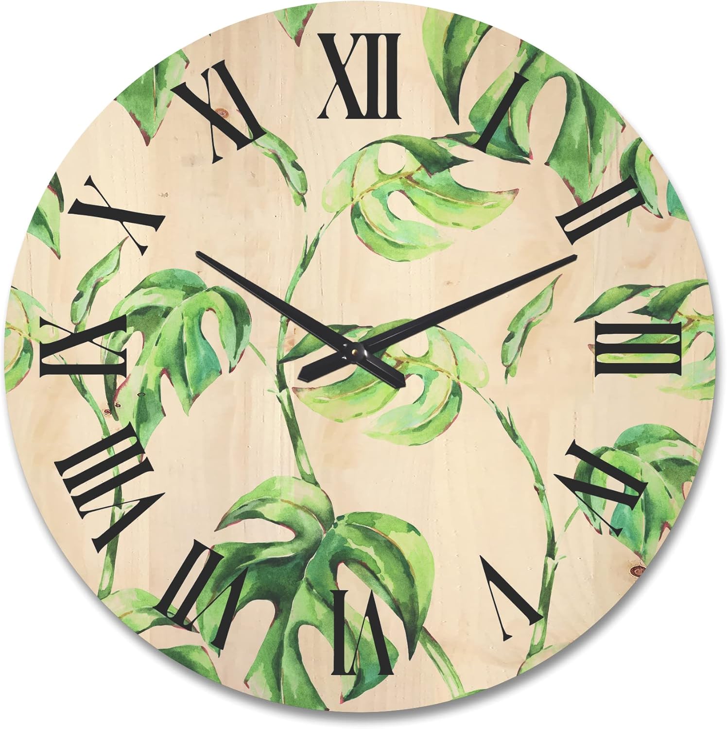 Ancient Floral Tropical Leaves II – Tropical Wood Clock, Large Oversized Decorative Floral & Botanical Wall Clock for Living Room, Bedroom, Office & Hallway Décor 29x29 Green