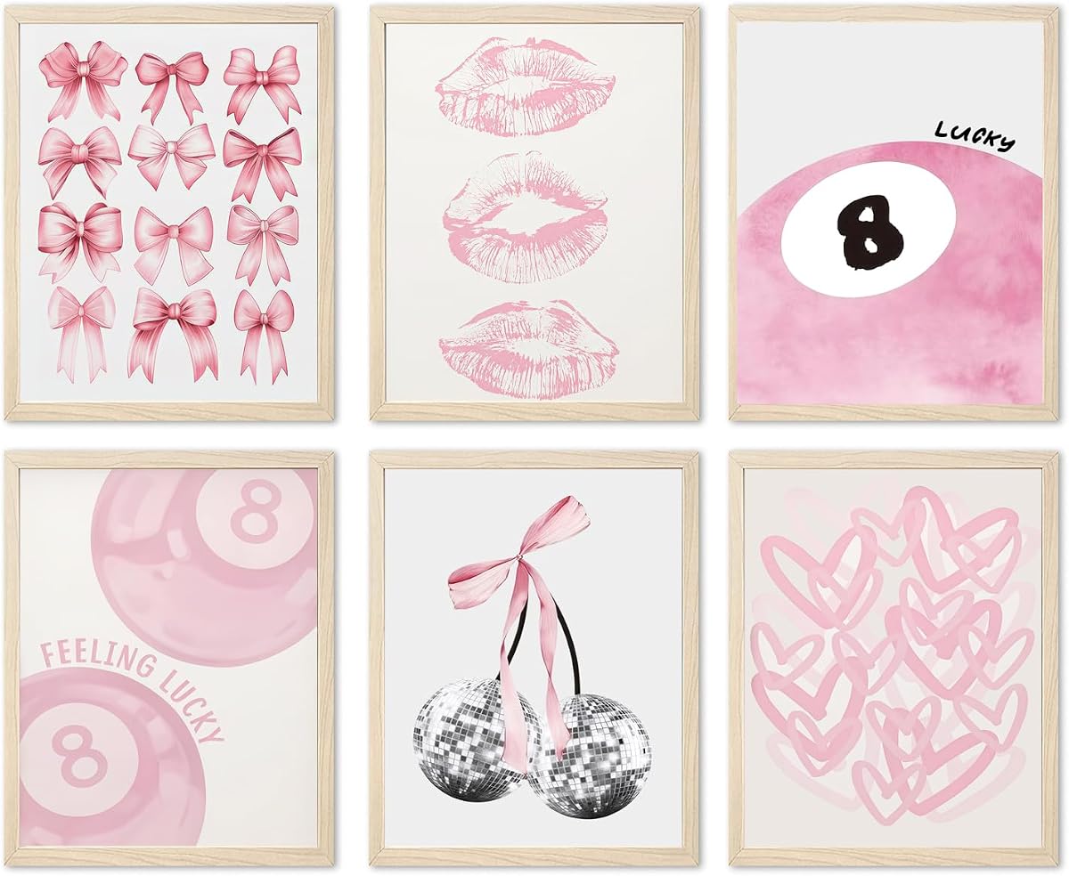 Juego de 6 carteles de niña rosa claro, arte de pared de coqueta rosa claro, decoración de pared de 8 bolas de la suerte, pinturas en colores pastel, universidad, apartamento, dormitorio, sala de estar, dormitorio, 12.0 x 16.0 in, sin marco