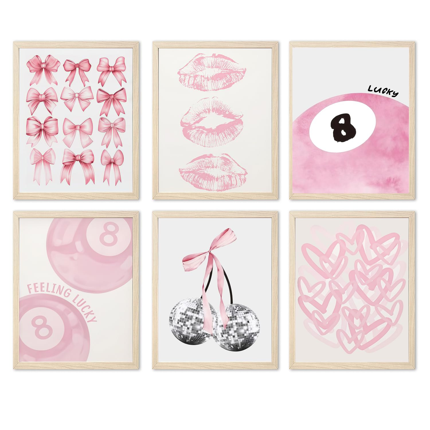 LMYSXAOZ Trendy Pink Bows Poster Set of 6, Light Coquette Girly Wall Art Lucky 8 Ball Decor Paintings College Apartment Bedroom Living Room 12x16 inch Unframed
