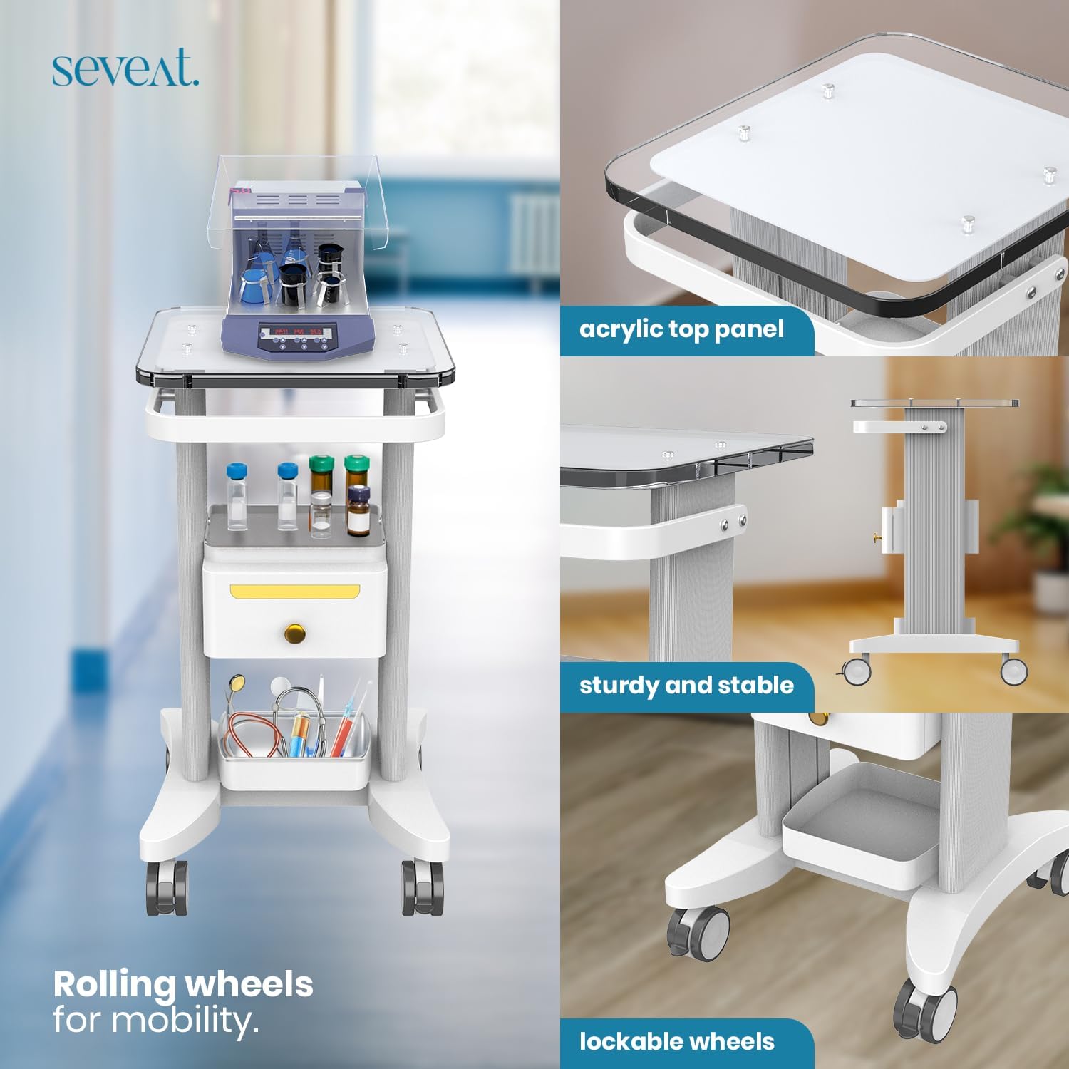 Professional Medical Cart | 3-Tier Rolling Trolley with Drawers | 198 lbs Capacity | Portable Utility Cart for Hospitals, Clinics, Spa, Office, or Home (White)