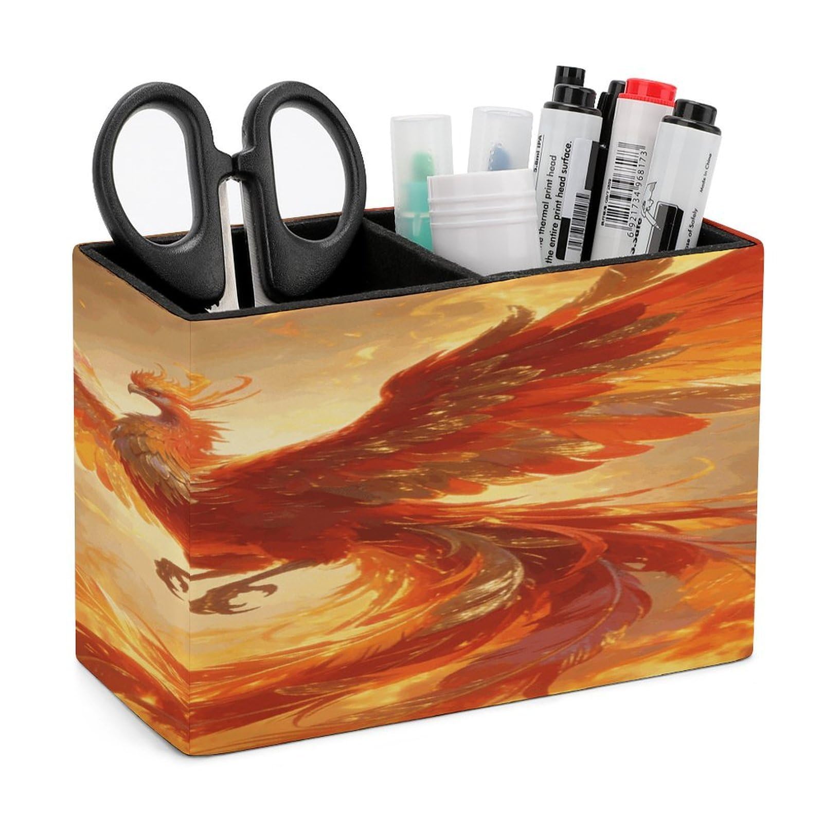 LZQPOEAS Phoenix Pen Holder Double Compartments Pen Cup Makeup Brush Holders Leather Pencil Holder Locker Organizer for Work Locker Accessories Modern Pencil Cup for Desk