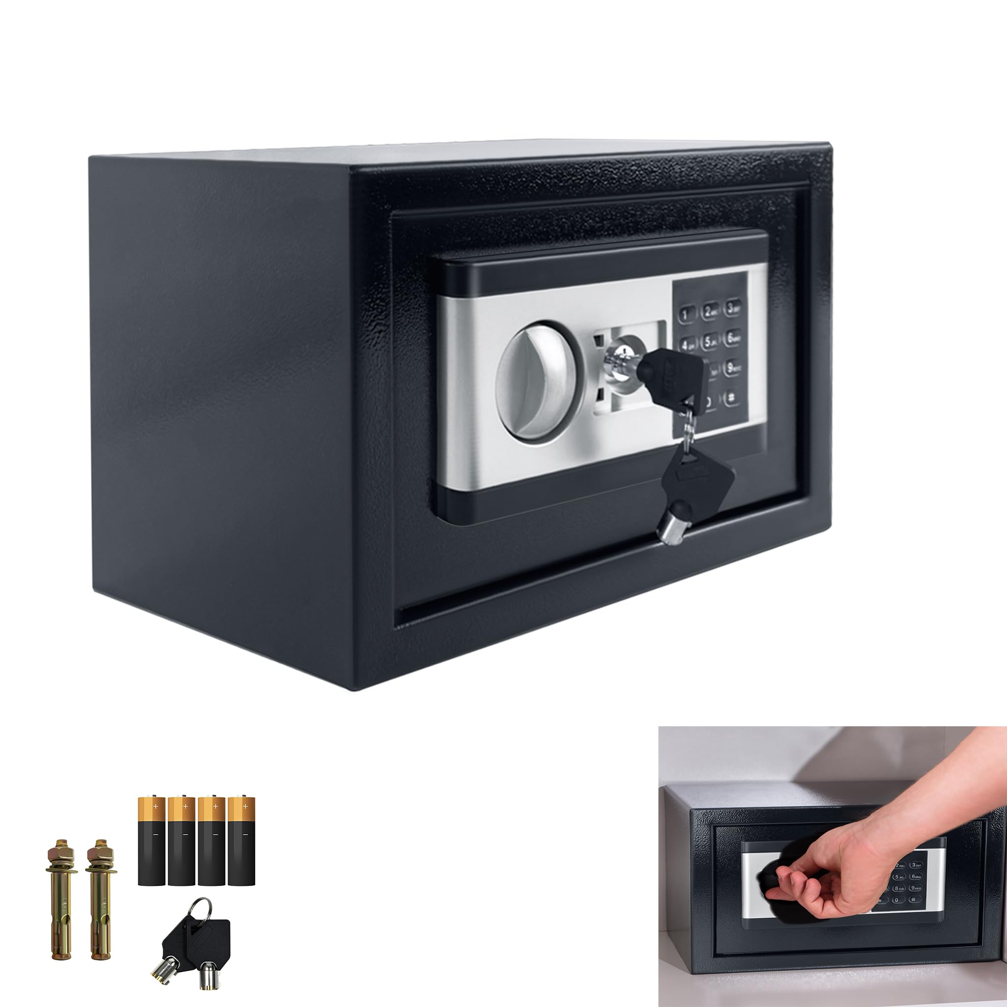 YRHome Mini cassaforte per la casa, 34 l, piccola cassaforte per mobili, in acciaio ferro, con password digitale, 2 chiavi di sicurezza, scatola per batterie e funzioni di allarme