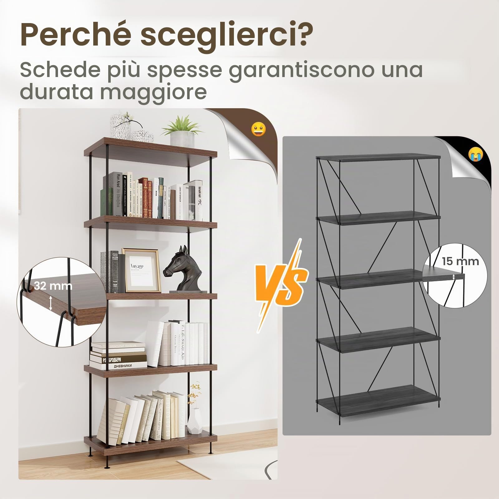 HOMASIS Libreria Vintage, Libreria Verticale in Metallo e Legno, Scaffale Espositore in Marrone, Scaffale a Scala per Salotto, Camera da Letto, Ufficio (60 x 29,5 x 147 cm)