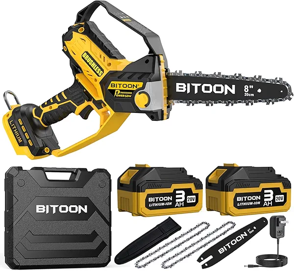 BITOON 8-Inch Mini Chainsaw with 2PCS 3.0Ah Battery and Charger, Auto-Oiler, Brushless Cordless 8-Inch and 6-Inch 2-in-1 Pruning Chain Saw, Portable Electric Chainsaw for Cutting Wood, Branches Yellow