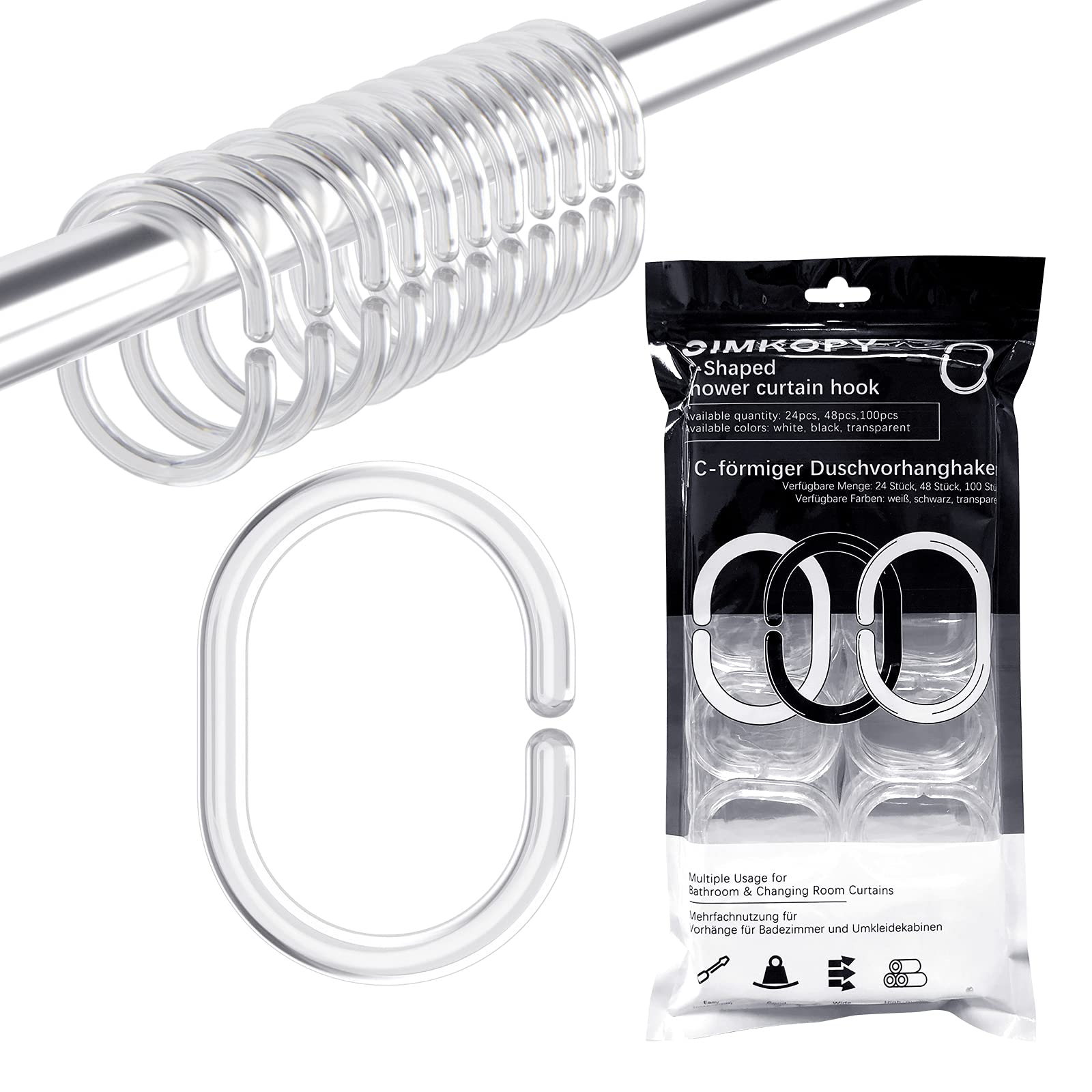 Confezione da 24 anelli trasparenti per tende da doccia, ganci a C adatti per tende da porta e tende da finestra | Leroy Merlin