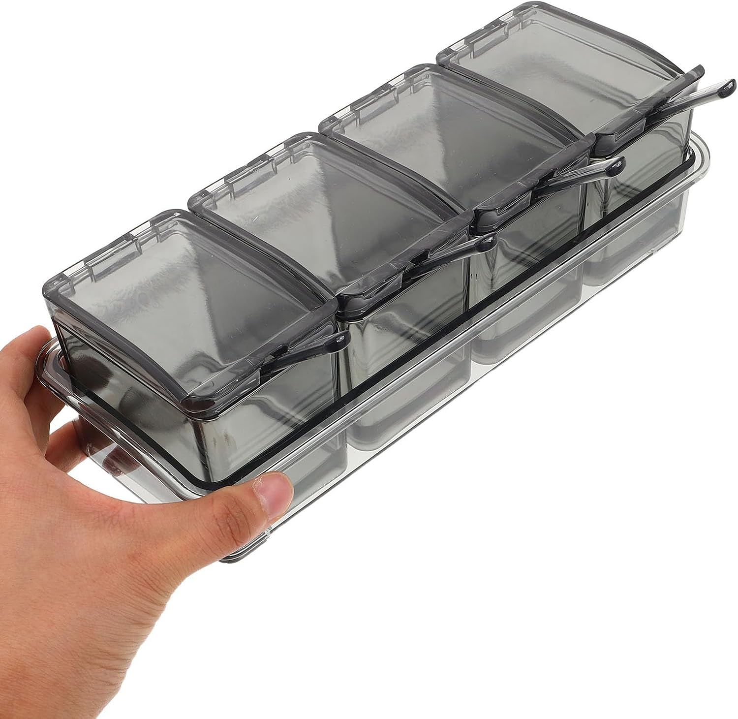 jojofuny 4-compartment Plastic Seasoning Container Box with Flip Lids, Separated Spice Pots for Kitchen, Black Multi-compartment Condiment Organizer for Salt Sugar and Seasoning Storage