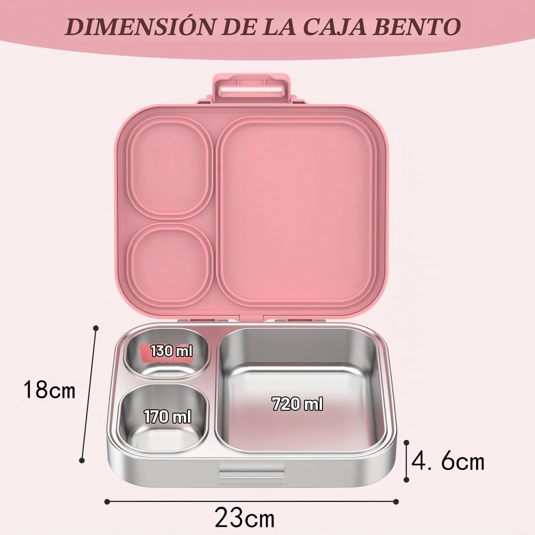 VITONIS Fiambrera de acero inoxidable para niños, fiambrera con 3 compartimentos A prueba de fugas, apta para lavavajillas, Adecuado para campus, picnic (rosa)