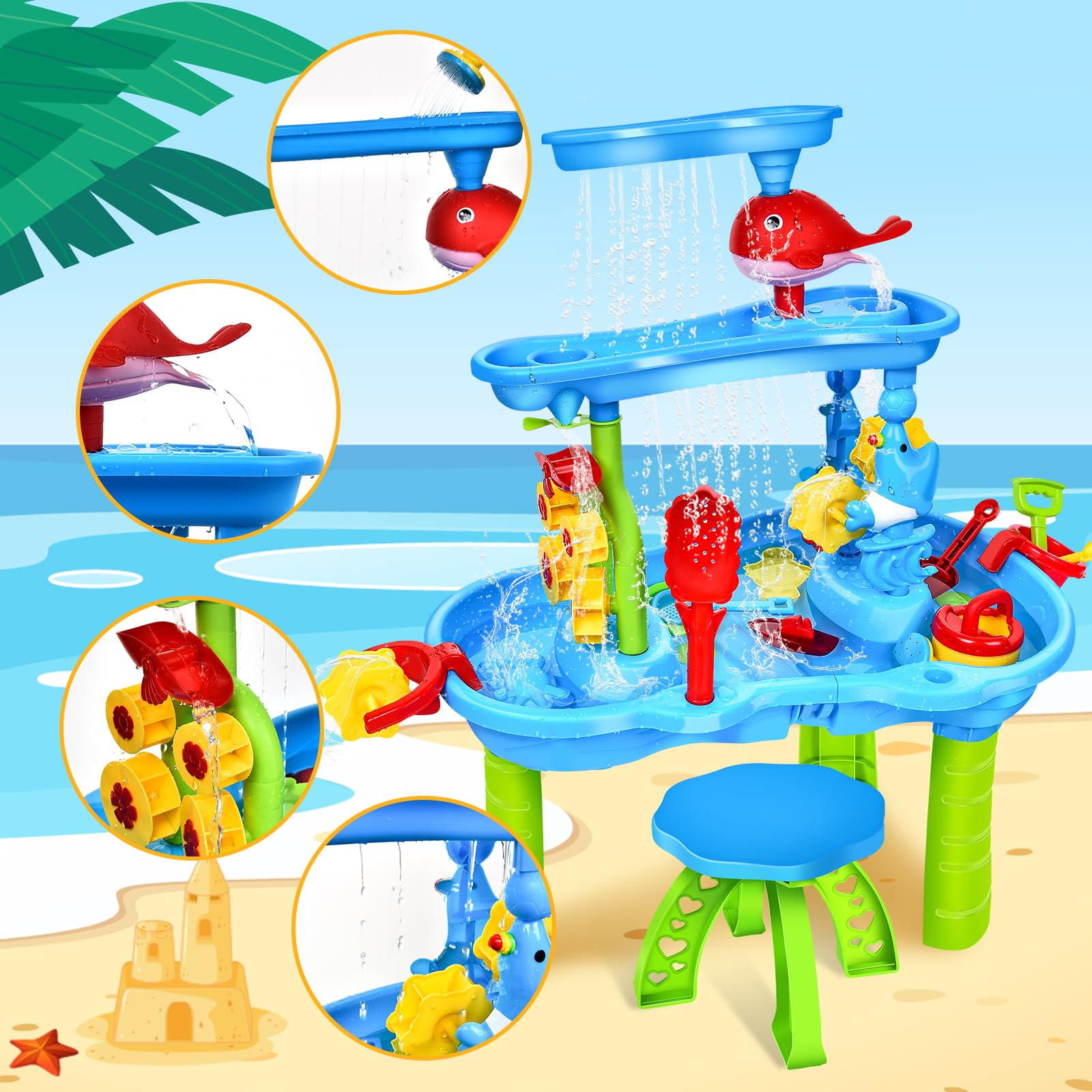 JONRRYIN Tavolo Acqua e Sabbia 3 Piani, Giocattolo Sabbia e Acqua per Bambini, Tavolo Sabbia e Acqua, Tavolo d'attività Estivo, Giocattolo da Spiaggia Esterno per Bambini, Ragazze e Ragazzi