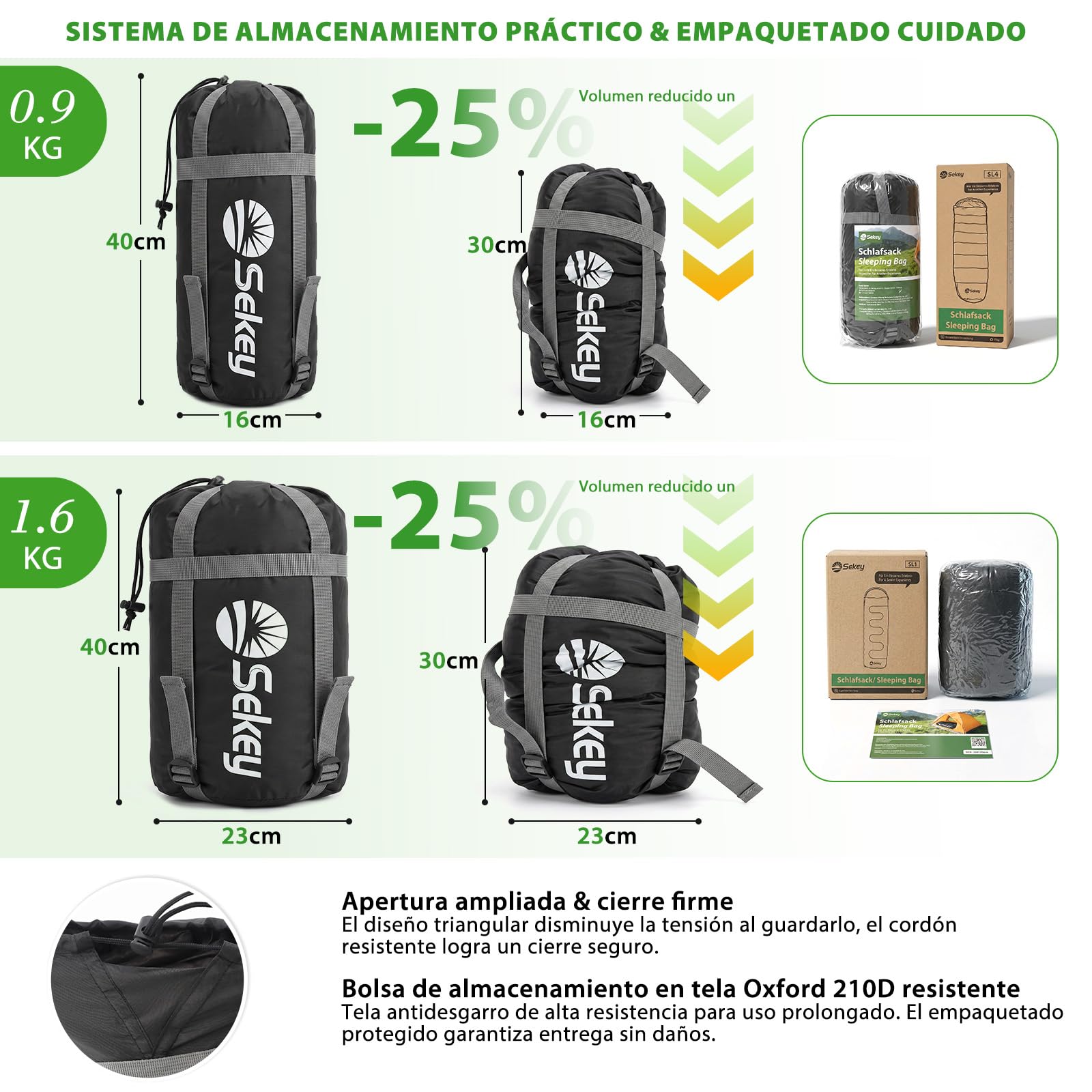 Sekey Saco de Dormir Momia Adulto, 0,9 kg/1,6 kg, Saco Dormir Verano/Invierno, Ultraligero y Compacto, con Cremallera Anti-atrapamiento, Impermeable y Antidesgarros, Camping y Viaje, 220x80x50 cm