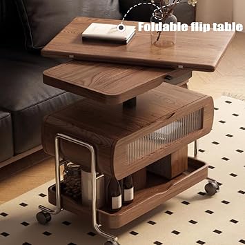 Wood Lift Top Coffee Table with Storage Space and Wheels, Small Side Tables Folding Coffee Tables Space Saving End Table with Rotating Desktop, Lift Tabletop Dining Center Table for Home Living Room