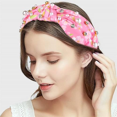 Miniatura 9 de Diademas anudadas con perlas para mujer, con flores impresas y diamantes de imitación de cristal brillantes adornadas con nudo superior, accesorios