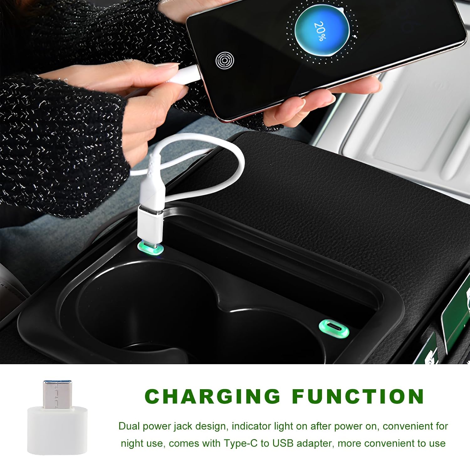 4 in 1 Center Console Cover, Car Armrest Cushion Pad with Pockets, Cup Holder, Phone Holder, Tissue Box, Multifunctional Arm Rest Cover with Charging Cable for Most Vehicles (Black)
