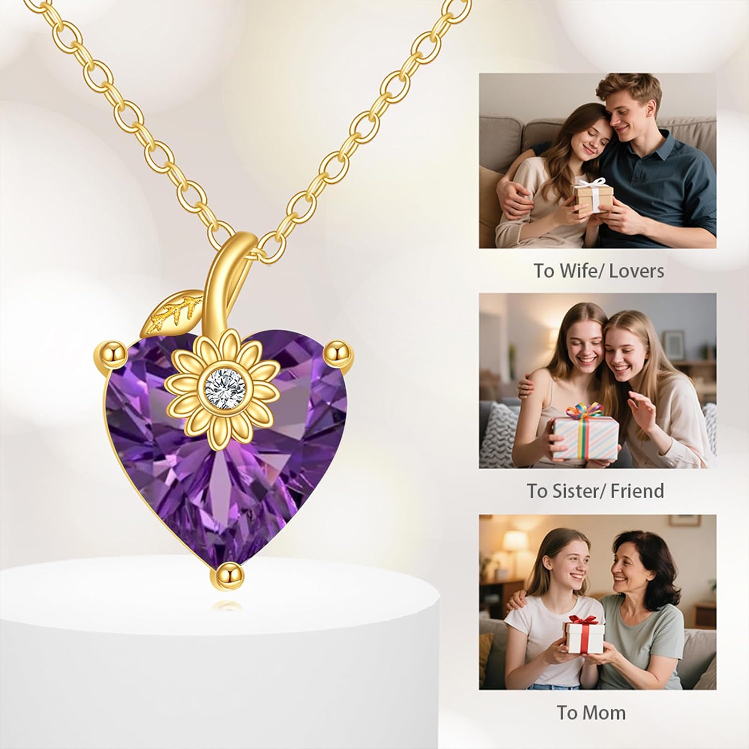 14K Solid Gold Heart Birthstone Necklace 3 Carat Created Gemstone Sunflower Pendant Necklaces Fine Jewelry Gifts for Women, Sterling Silver Chain 18"+2" Extender - Image 6