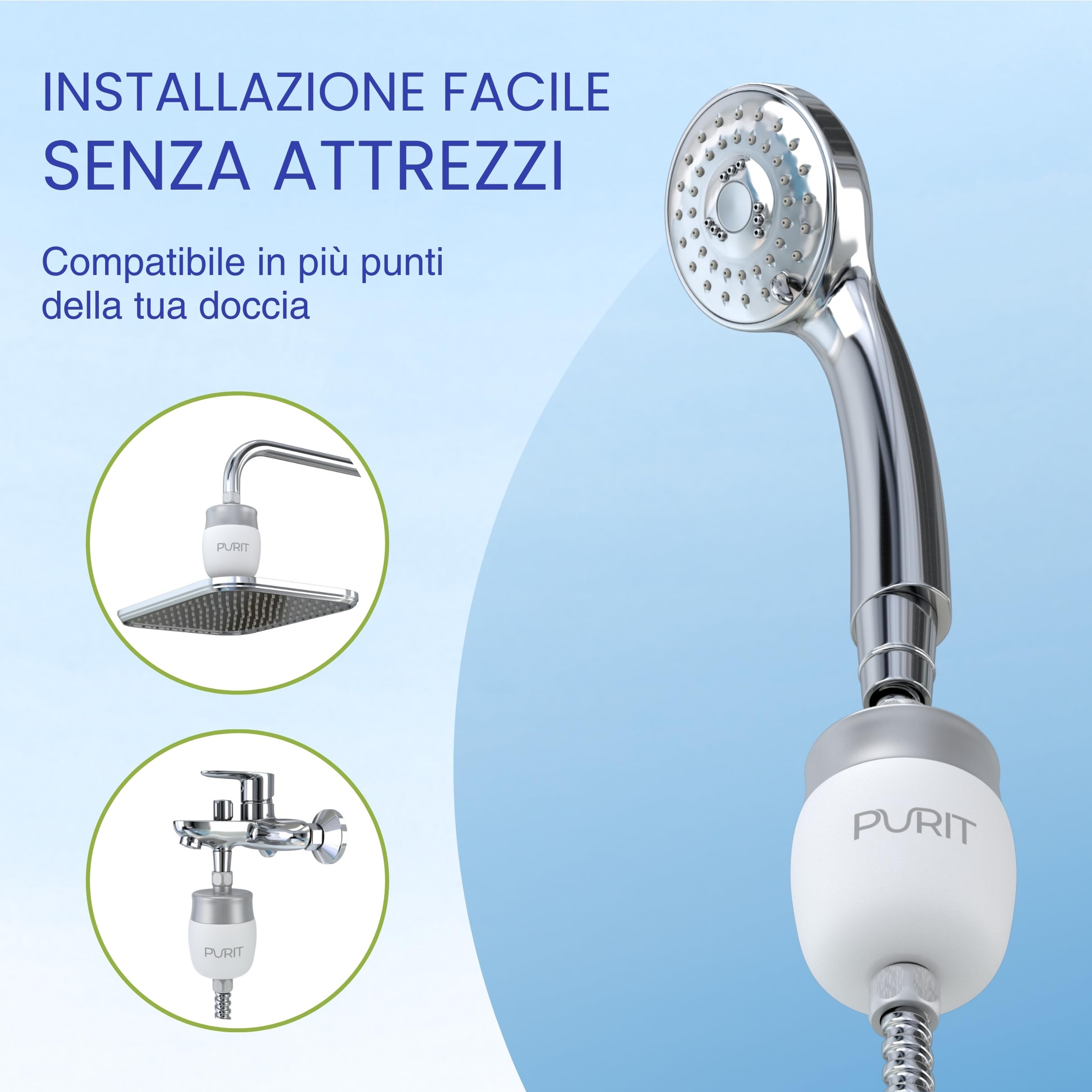 Purit Filtro Doccia Anticalcare - Compatibilità Universale - Filtra il 99,99% delle Impurità - Ideale per Pelli e Capelli Delicati